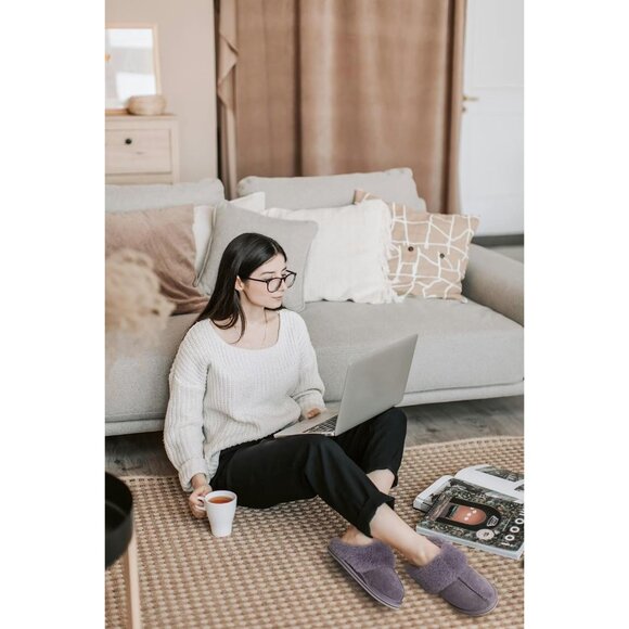 🆕Women Dark Grey Suede Fluff Dual Memory Foam Arch Support Warm Scuff Slipper - Picture 4 of 9